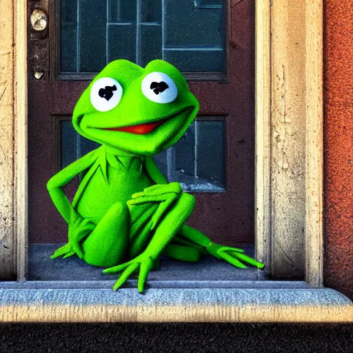 Image similar to street graffiti of kermit the frog sleeping in the doorway of an oppressive evil building. octane render 4 k