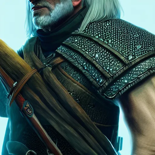 Image similar to epic digital matte paining of Geralt of Rivia by Jama Jurabaev, closeup, extremely detailed, artstation