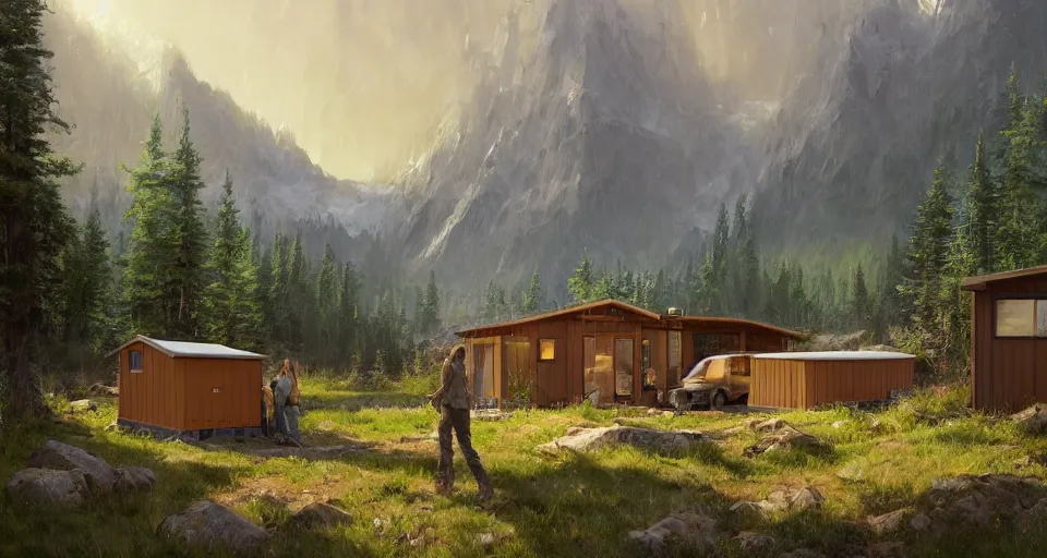 Image similar to cabela's beautiful comfortable community of modular insulated wall container home kit - house all weather family dwelling tent house, person in foreground, mountainous forested wilderness open fields, beautiful views, painterly concept art, environmental concept art, concept art illustration, by james gurney, by craig mullins, by greg rutkowski trending on artstation