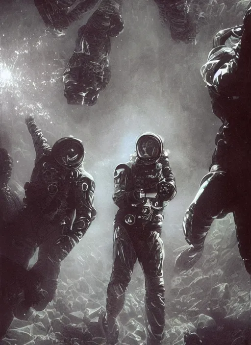 Image similar to astronauts in dark void underwater - complex and hyperdetailed technical suit. reflection and dispersion materials. rays and dispersion of light. volumetric light. f / 3 2. noise film photo. flash photography. ultra realistic, wide angle. poster by wayne barlowe, hajime sorayama aaron horkey, craig mullins