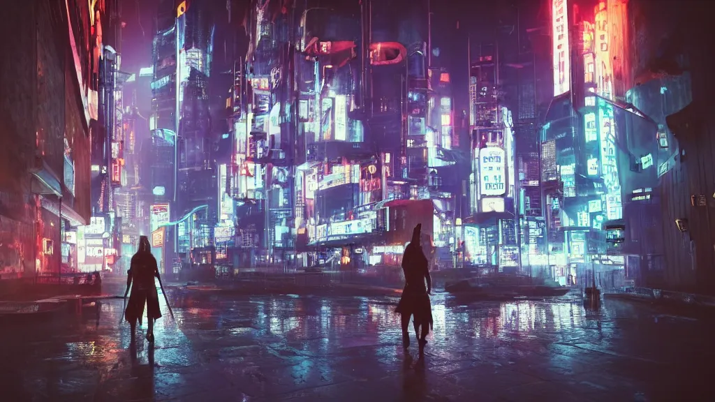 Prompt: a viking in the middle of a futuristic cyberpunk city, wet floors with neon signs, night