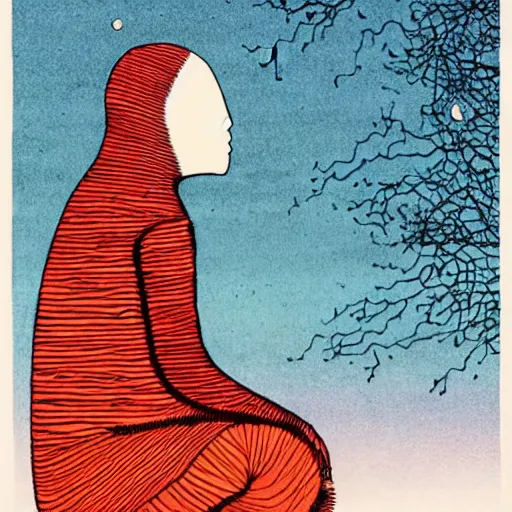 Image similar to by edward gorey, by andy kehoe graphic design extemporaneous. a drawing of a man with a large head, sitting in a meditative pose. his eyes are closed & he has a serene look on his face. his body is made up of colorful geometric shapes & patterns that twist & turn in different directions.