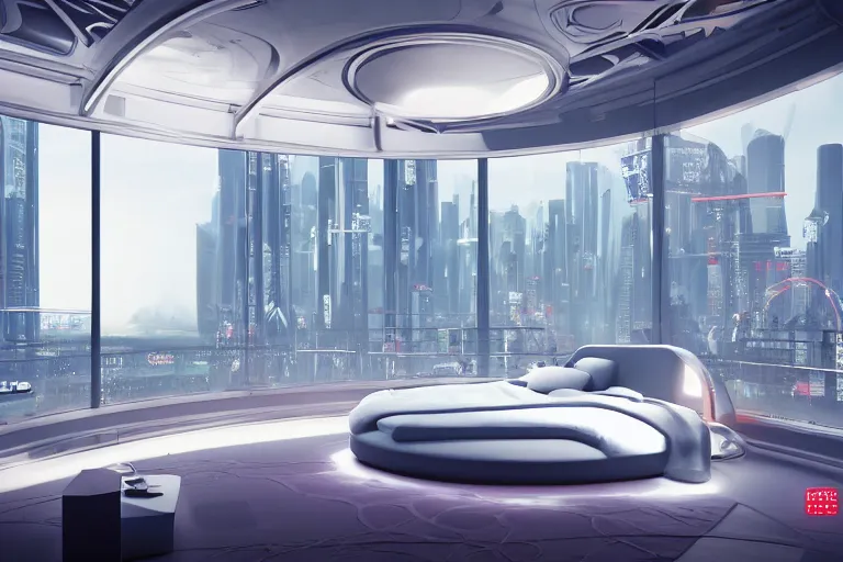 Image similar to a futuristic luxury white bedroom with curved ceiling high windows looking out to a far future cyberpunk cityscape with many flying cars, night time, neon lights, cinematic 3d render, unreal engine 5, cgsociety