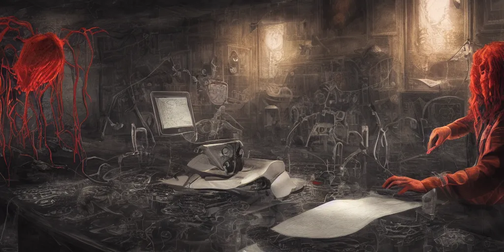 Prompt: secret labor under the surface, scary machine with floating animals in it, crazy professor with red hair writing down some notes, digital art, scary atmosphere, raytracing, hd