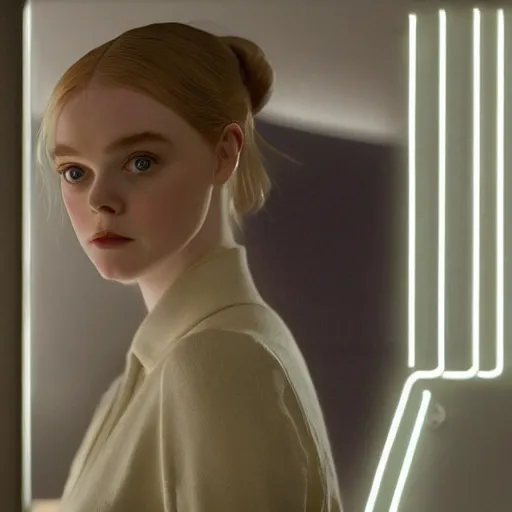 Image similar to Elle Fanning as an android in the world of Edward Hopper, stormy weather, extremely detailed masterpiece, oil on canvas, low-key neon lighting, artstation, Blade Runner 2049, Roger Deakin’s cinematography, by J. C. Leyendecker and Peter Paul Rubens,