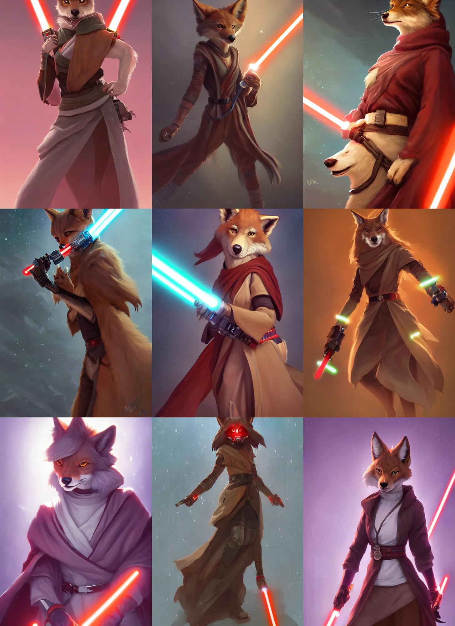 Image similar to beautiful portrait of a female anthropomorphic coyote fursona wearing jedi robes wielding a red lightsaber. character design by charlie bowater, ross tran, artgerm, and makoto shinkai, detailed, soft lighting, rendered in octane