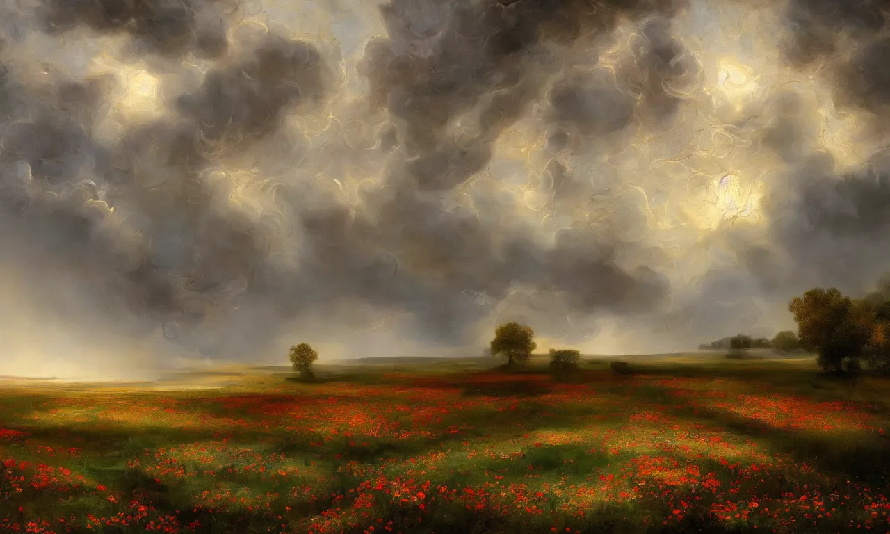 Prompt: breathtaking oil painting with palette knife of a plains landscape in luxurious nature, with intricate art nouveau moody dark tumultuous clouds, at dawn with roses and golden petals flying, rembrandt style, concept art, matte, by krista schumacher and georgia hart,