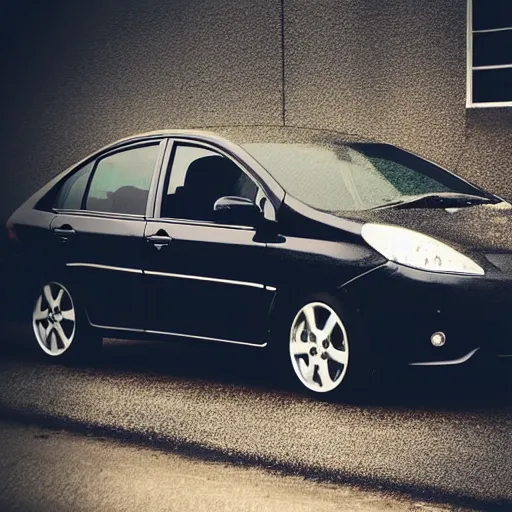 Prompt: A sad black cat driving his car to work, award-winning photograph, highly detailed, gloomy, washed out colors, the car is a Toyota prius, depressive