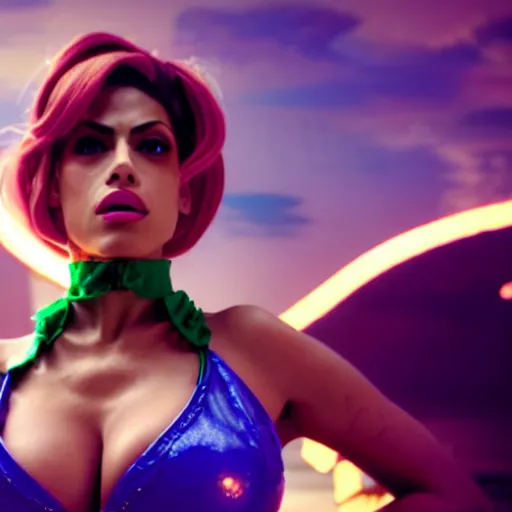 Image similar to cinematic scene with eva mendes as jolyne from jojo's bizarre adventure, live action film, stone ocean, dramatic, small details, volumetric lighting, still frame