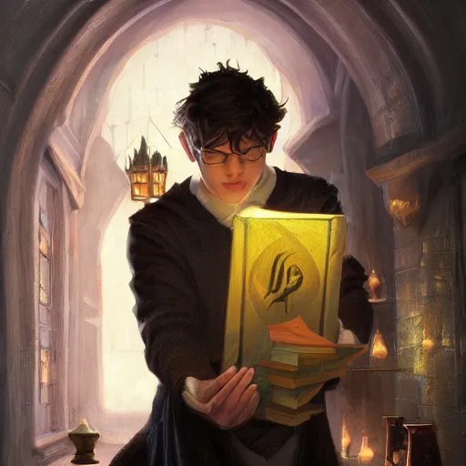Prompt: an oil painting of a portrait of a handsome hogwarts boy in hufflepuff holding glowing magic books, fairy tale, dreamy light, by wlop, greg rutkowski, thomas kinkade, super detailed, 3 d, hdr on, 4 k wallpaper