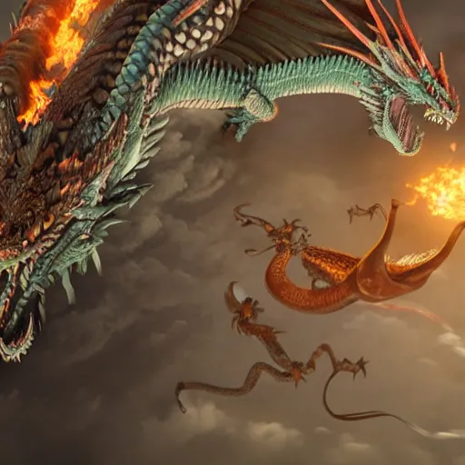 Image similar to flying dragon, with female warrior, riding to heaven, with army of dragons behind it. cinematic unreal engine, 8K , live action.