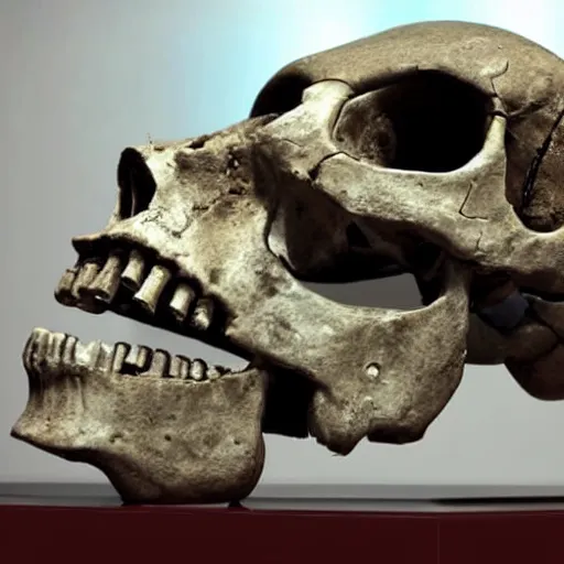 Prompt: An ancient cybernetic human skull in a museum, alien language, science fiction