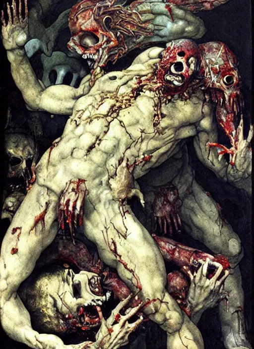 Image similar to Michelangelo painting of a disgusting vile zombie monster eating a man, cult horror, kitchen inspired by The Thing, by Cronenberg and greg nicotero