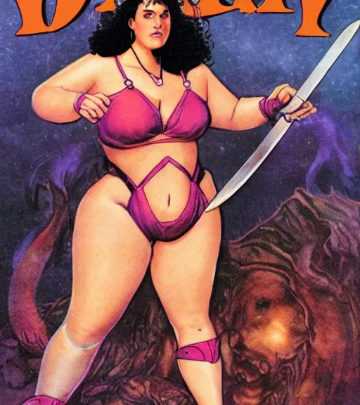 Prompt: 1 9 8 0 s fantasy novel book cover, bbw plus size amazonian 1 8 - year - old millie bobby brown in extremely tight bikini armor wielding a cartoonishly large sword, exaggerated body features, dark and smoky background, low quality print