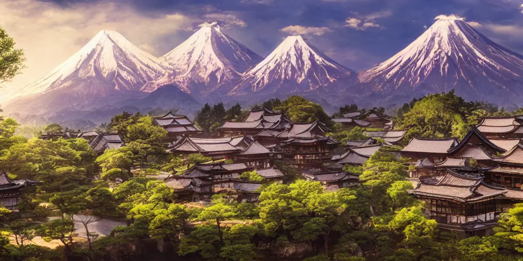 Image similar to japanese countryside with mountains and old buildings, fantasy style, ghibili, whimsical, 4 k