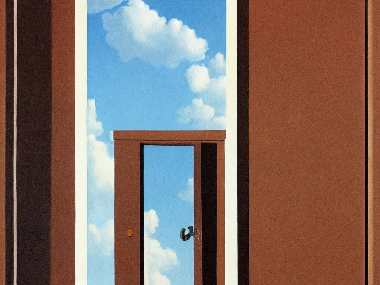 Prompt: an open window to nothingness in brick wall with open doors with endless hallway inside, painting by rene magritte, centered, high detail, high resolution