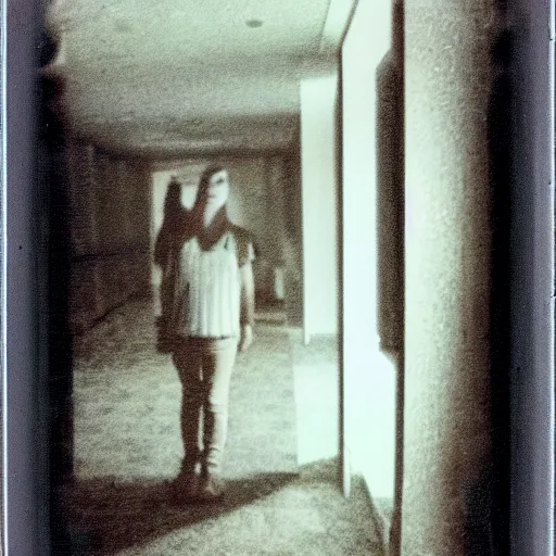 Prompt: a terrifying creature at the end of a hallway, dark!, creepy, nightmare fuel!!!, unsettling, uncanny valley!, old polaroid, expired film,