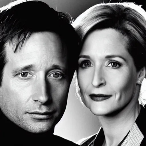 Prompt: black and white portrait of mulder and scully