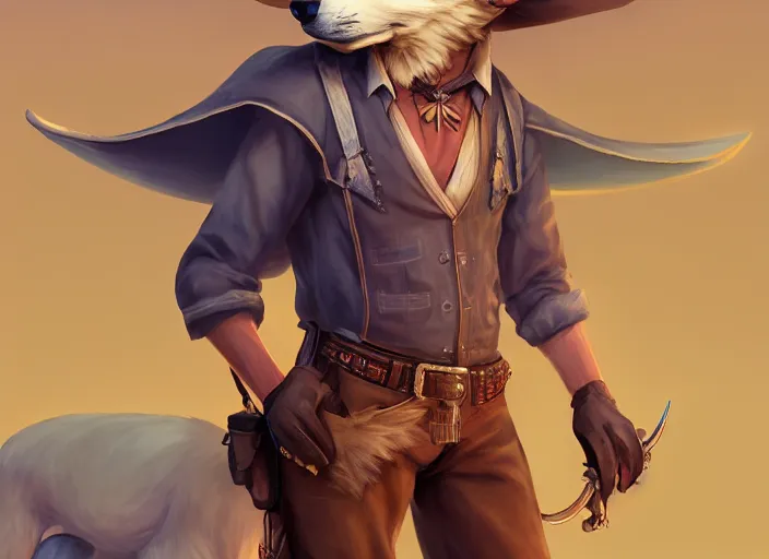 Image similar to character portrait feature of the anthro male anthropomorphic wolf fursona wearing cowboy outfit wild west desperado character design stylized by charlie bowater, ross tran, artgerm, and makoto shinkai, detailed, soft lighting, rendered in octane