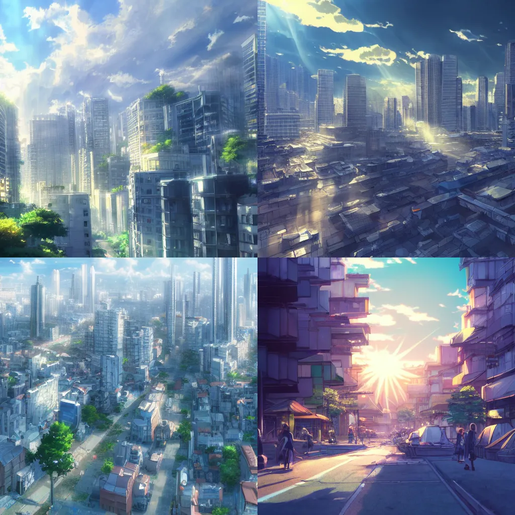 Prompt: Tilt-shift Anime cityscape by Makoto Shinkai, concept art, sun shining through clouds, crepuscular rays, trending on art station, 8k