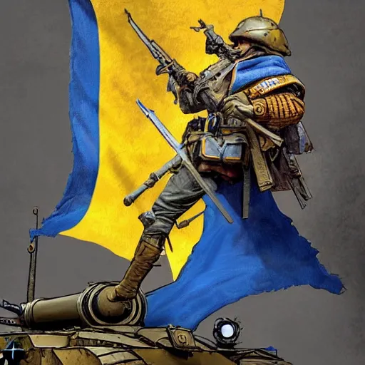 Image similar to a full body shot from distance from behind of a great soldier with a yellow and blue flag standing on a Russian tank in triumph after battle, western, masculine figure, D&D, fantasy, intricate, elegant, highly detailed, digital painting, artstation, concept art, matte, sharp focus, symmetrical, illustration, art by Artgerm and Greg Rutkowski and Alphonse Mucha