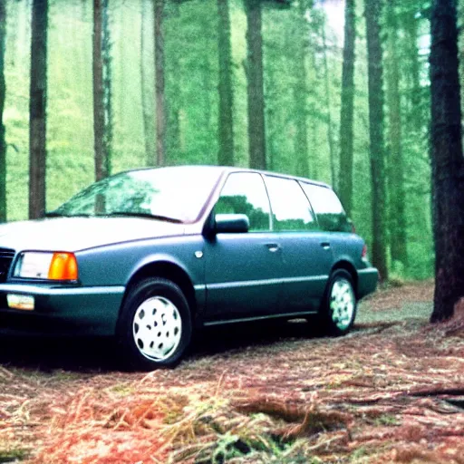 Prompt: vhs footage of a 1 9 9 5 volvo car in a boreal forest