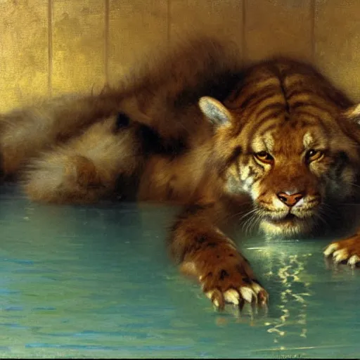 Image similar to a portrait of an animal in the pool, furry body, furry arms, furry legs, furry tail. highly detailed painting by gaston bussiere, craig mullins, j. c. leyendecker, furry