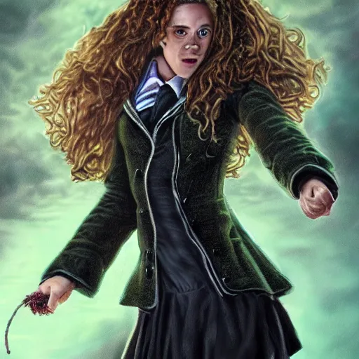 Image similar to full body portrait of hermione granger ( from harry potter ) as a dark hot witch, concept art, green magic, hyper detailed, art station, fantasy art, illustration, dark lighting by mark brooks