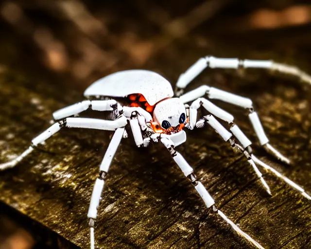 Image similar to photo of a white terminator spider with biomechanical cybernetic body with antennas and visor cogs and gears and components in the forest. cyberpunk horror style. highly detailed 8 k. intricate. nikon d 8 5 0 5 5 mm. award winning photography.