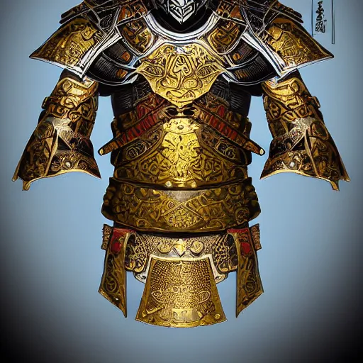 Prompt: gilded samurai armor warrior blades akimbo ornate intricate design in the style of aoi matsuri digital art, illustration, fantasy, realistic sketch, dark, epic, realistic lighting