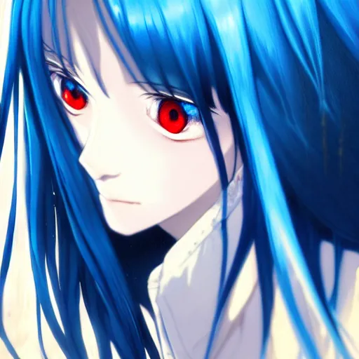 Prompt: attractive long blue - haired girl with bangs gothic anime character with gold eye color, fantasy, screenshot, anime, sharp focus, intricate, illustration, cell shaded, oil painting, highly detailed, concept art, matte, art by ilya kuvshinov and kyoto animation and wlop, and greg rutkowski, studio quality, james jean, artem demura