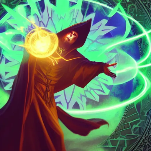 Image similar to a warlock is casting a magic spell while with magic orb floating in his hand , dynamic pose, chromatic aberration , medium level shot, Mucha style , Grim fantasy, illustration ,concept art,