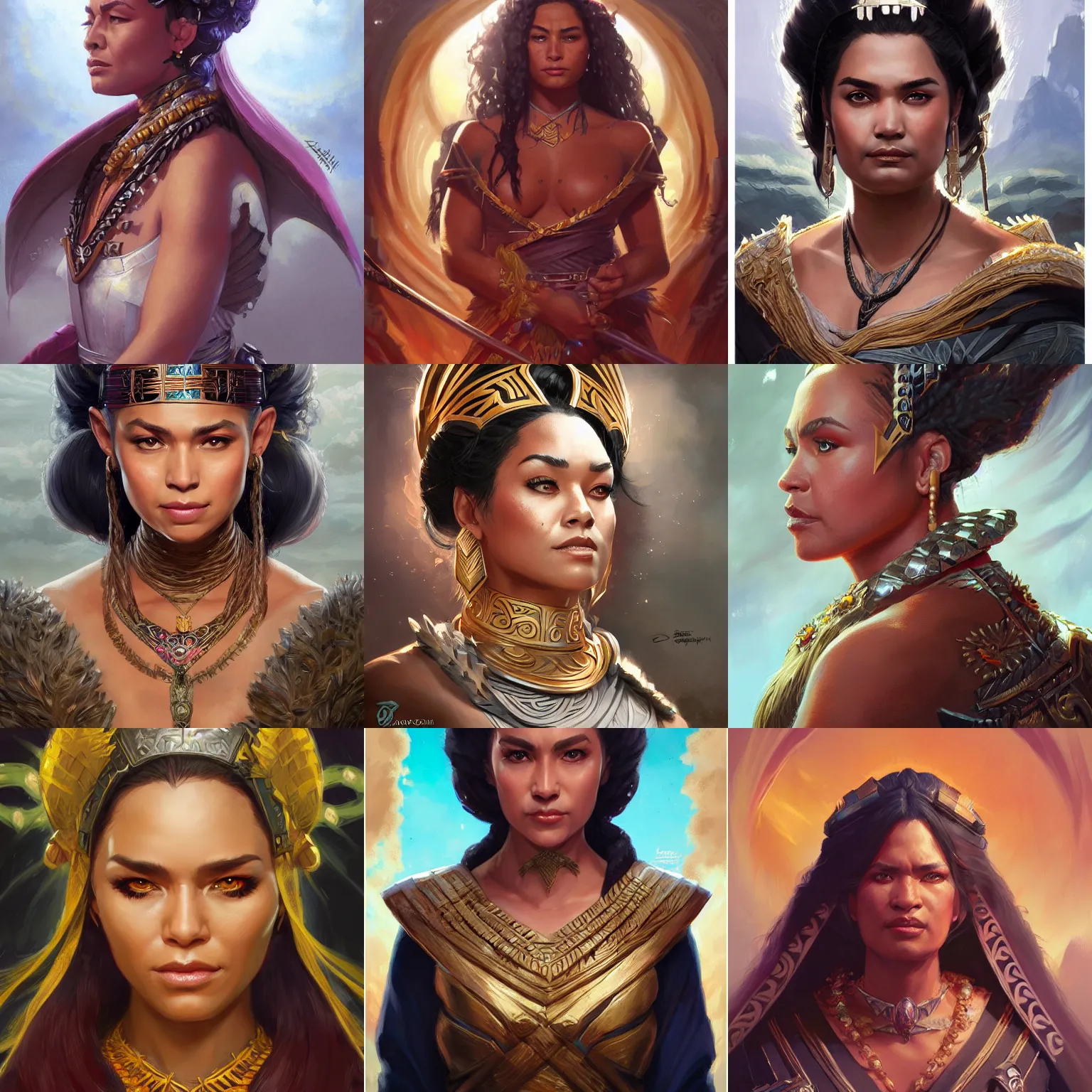 Prompt: samoan empress, d & d, fantasy, portrait, highly detailed, digital painting, trending on artstation, concept art, sharp focus, illustration, art by artgerm and greg rutkowski and magali villeneuve