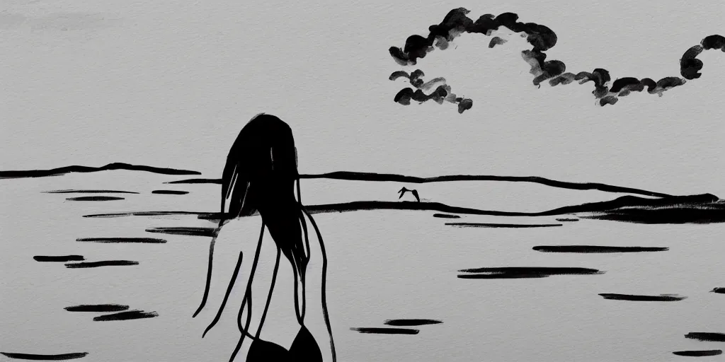Prompt: ink portrait of a woman in a bikini on the beach, chinese brush pen illustration, big clouds visible in the background, bright sunshine, high contrast, deep black tones, contour