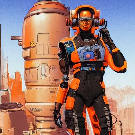 Prompt: cyberpunk mechanic lady in a jumpsuit with robotic feet and a cyberpunk eyepiece. orange and black color scheme. concept art by james gurney and mœbius. apex legends character art. gorgeous face.
