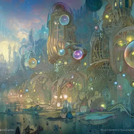 Image similar to a beautiful stunning fantasy whimsical matte digital storybook watercolor painting a cityscape of the underwater city of Atlantis, art nouveau, bubbles splash shells fish details, pastel color palette, by Alphonse Mucha and Tyler Edlin, trending on artstation hq