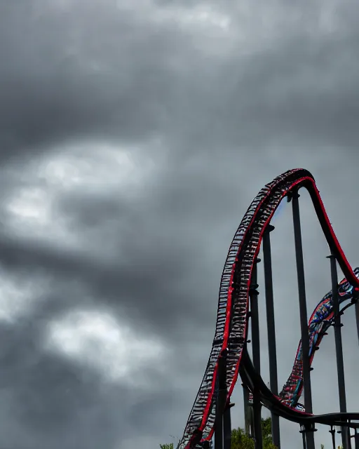 Prompt: a high definition photograph of a roller coaster track that goes out of sight into the dark clouds