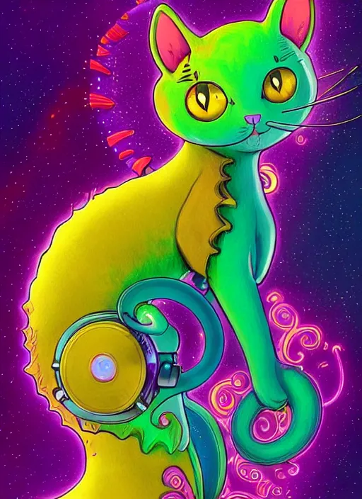 Prompt: cat seahorse fursona wearing headphones, autistic bisexual graphic designer, long haired attractive androgynous coherent detailed character design, weirdcore voidpunk digital art by delphin enjolras, goro fujita, leonetto cappiello, louis wain, furaffinity, cgsociety, trending on deviantart