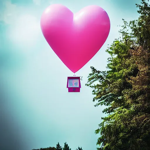 Image similar to a 5 0 mm lens photograph of a cute pink floating modern house, floating in the air between clouds, inspired by the movie up, held up from above by a heart - shaped ballon. mist, playful composition canon, nikon, award winning, photo of the year