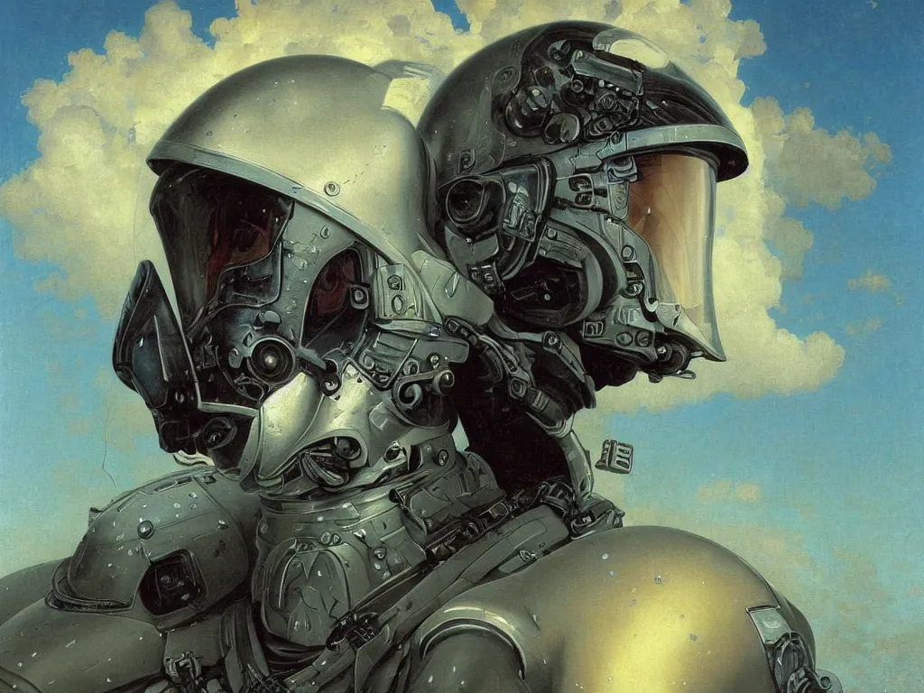 Image similar to a detailed portrait painting of a bounty hunter pilot in combat armour and visor. Smoke. cinematic sci-fi poster. Flight suit, accurate anatomy portrait symmetrical and science fiction theme with lightning, aurora lighting clouds and stars. Futurism by beksinski carl spitzweg moebius and tuomas korpi. baroque elements. baroque element. intricate artwork by caravaggio. Oil painting. Trending on artstation. 8k