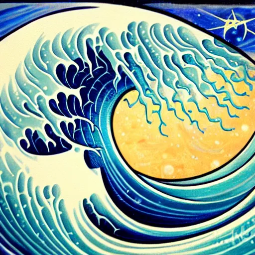 Image similar to beautiful wave made of mathematics, art nouveau, equations, astronomical, stars, equation fish, equation water, equation wave, math sea. oil paint, color, figurative. museum of modern art