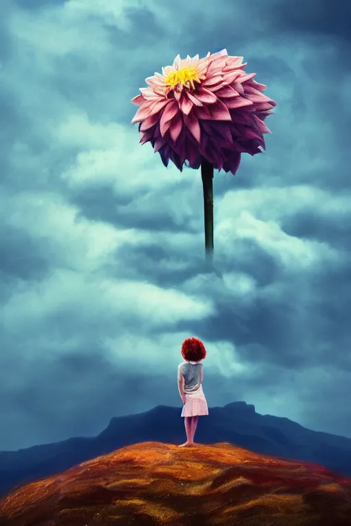 Image similar to closeup giant dahlia flower as head, girl standing on mountain, body of ronnie coleman, surreal photography, blue storm clouds, dramatic light, impressionist painting, digital painting, artstation, simon stalenhag