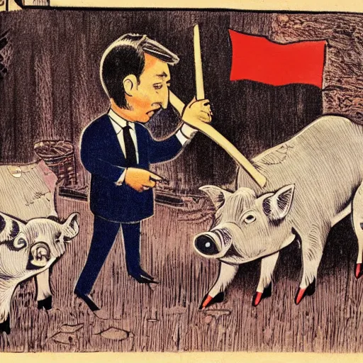 Prompt: pig slaughter with hungarian prime minister viktor orban, highly detailed children book illustration from 1 9 7 0