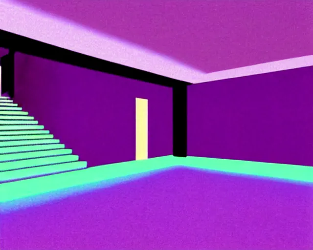 Prompt: a long hallway with a purple wall and some stairs, a hologram by michelangelo, cg society, harlem renaissance, y 2 k aesthetic, vaporwave, 1 9 9 0 s