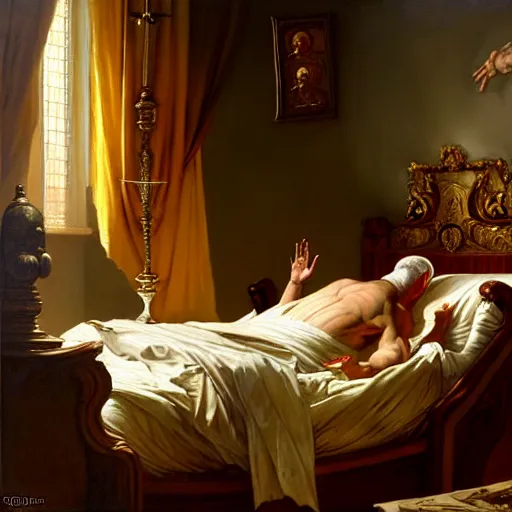 Image similar to the pope wakes up is his bed, sweating, nervous, terrified, because a double horned shadow demon lurks in the wall of the papal bedroom. highly detailed painting by gaston bussiere, j. c. leyendecker, greg rutkowski, craig mullins 8 k