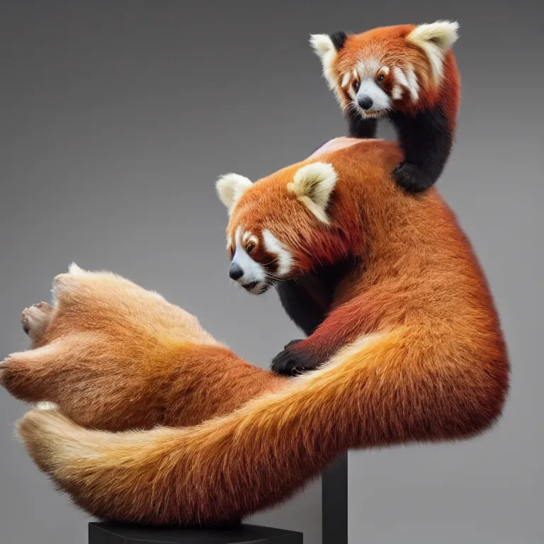 Image similar to hyperrealistic sculpture of a giant red panda fossil with some flesh attached on a pedestal by ron mueck and duane hanson and damien hirst, hyperrealistic dramatic colored lighting trending on artstation 8 k