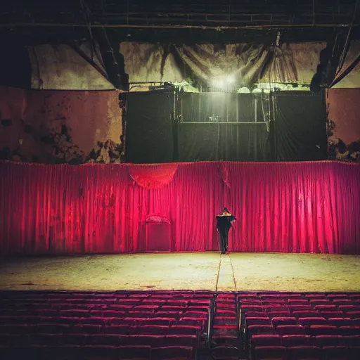 Image similar to abandoned circus, there is one person in the middle of the stage, photograph, 50mm