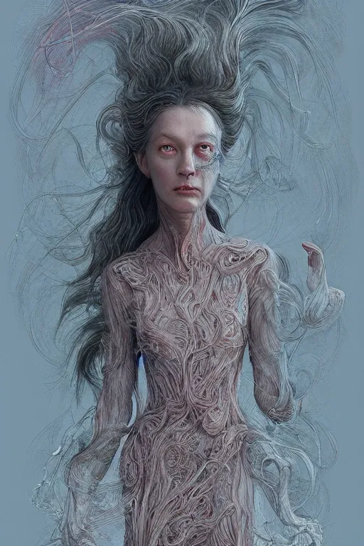 Image similar to the white lady in a dress with long hairs, art by James Jean and Wayne Barlowe, high detail, cinematic, cgsociety 8k