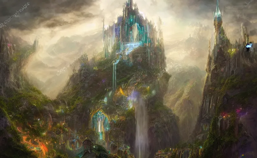 Image similar to mech robot futuristic, beautiful secret city of the elves gondolin on top of a mountain, magical gloomy mystical, under attack. by konstantin razumov, fractal flame, chiaroscuro, highly detailded,