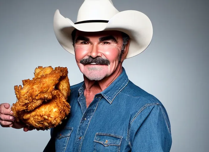 Image similar to studio portrait photo still of 3 0 year old burt reynolds at age 3 0 3 0 years old!!!! wearing a cowboy hat holding a bucket of fried chicken, 8 k, 8 5 mm f 1. 8, studio lighting, rim light, right side key light